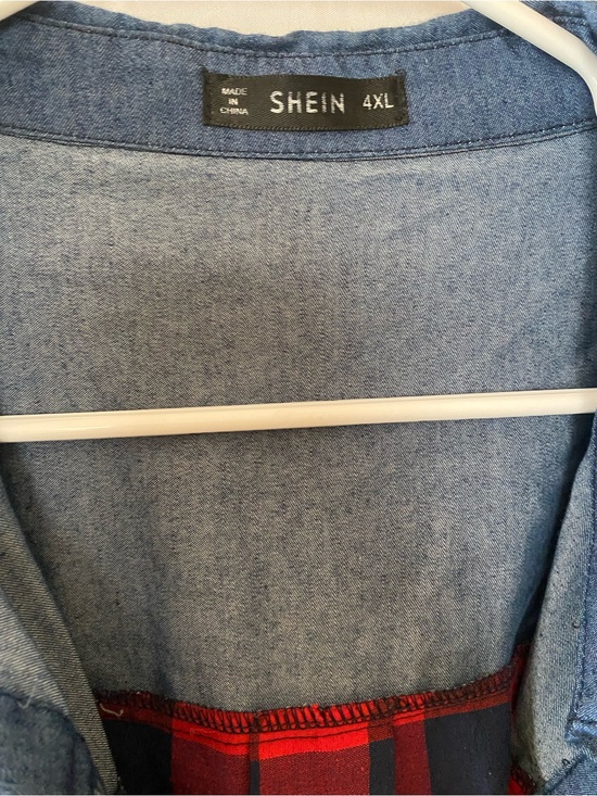 SHEIN Dresses & Skirts - SHEIN Light Blue Denim Long Sleeve Dress with Red Plaid Trim